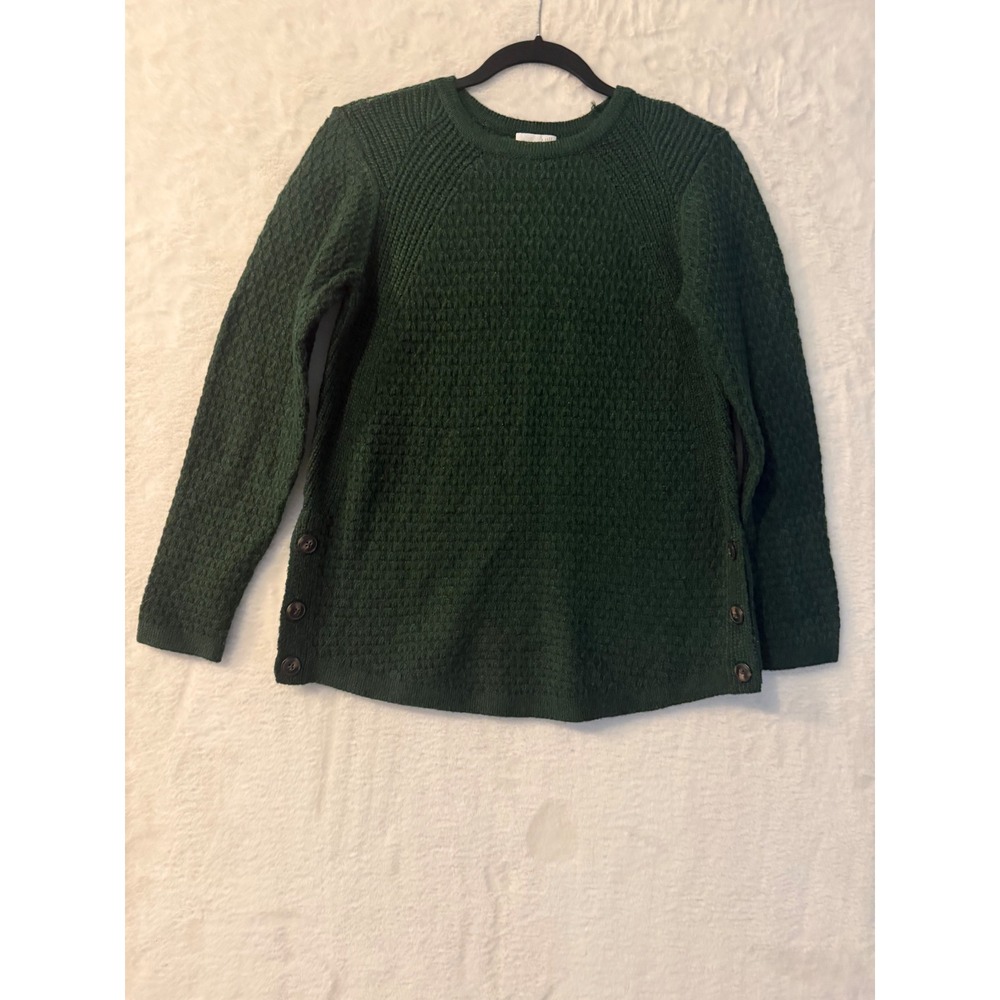 J. Jill Dark Green Textured Knit‎ Side Button Sweater XS Crew Neck Long Sleeve